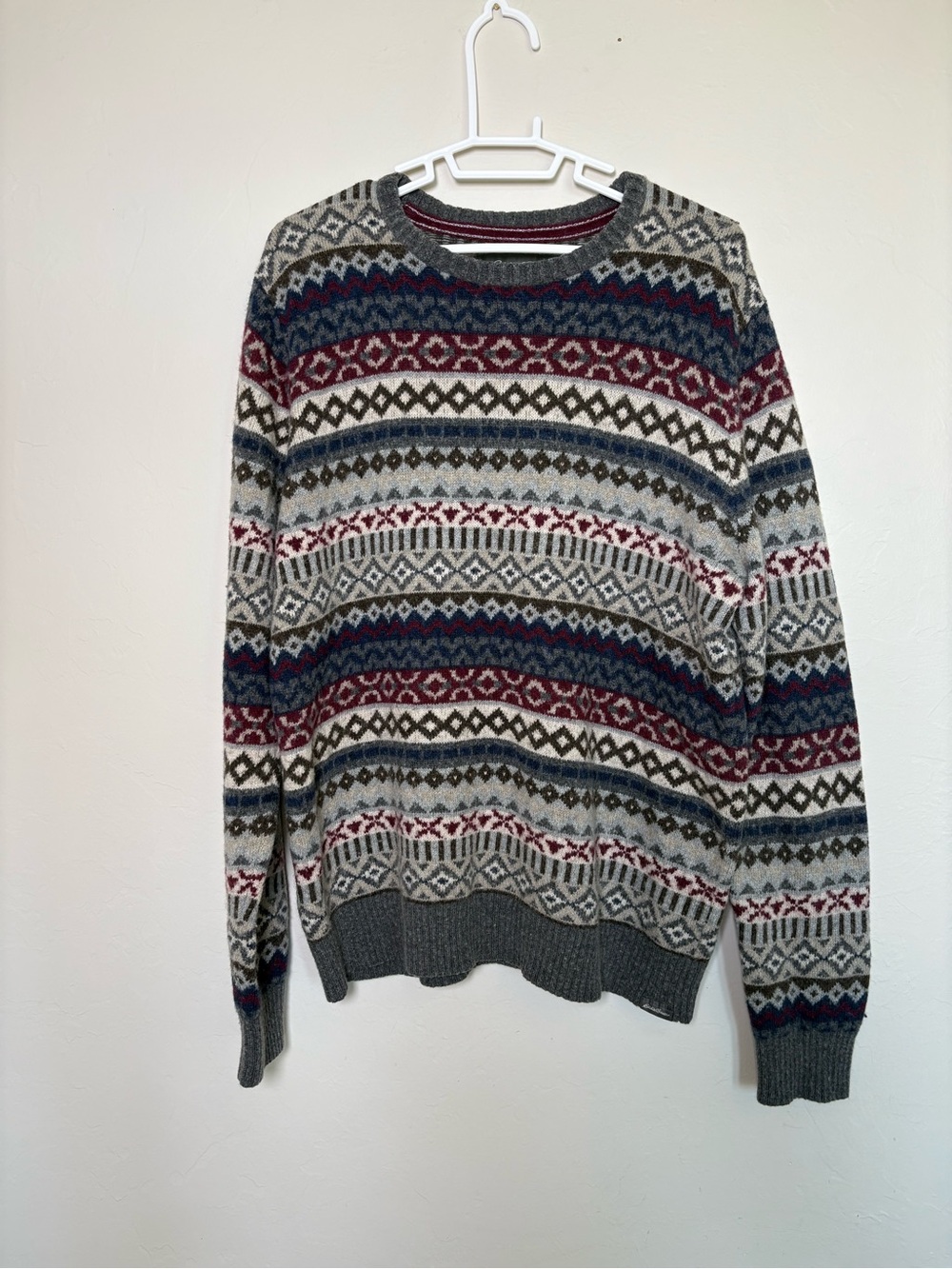 Eddie Bauer Men's Fair Isle Wool Blend Crewneck Knit Pullover Sweater L Gray